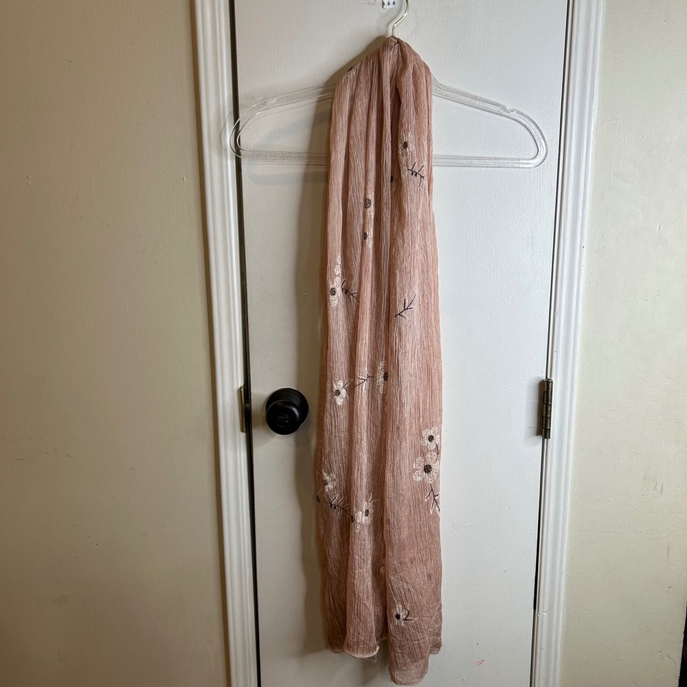 Pink Crinkle Gauze Scarf with Floral Embroidery Sheer Lightweight Wrap Accessory